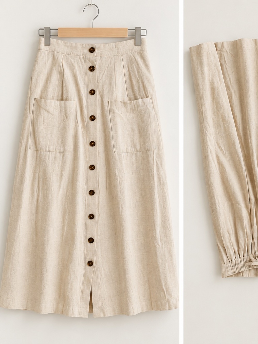Beige Button Front A-Line Midi Skirt with Patch Pockets